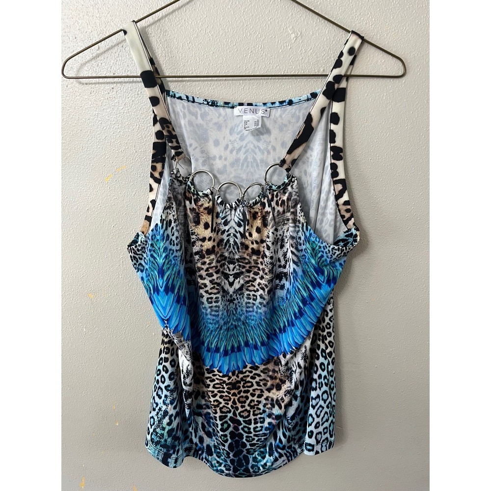 VENUS Tank Top O-Ring Animal Tropical Print Women XL Blue Brown Leopard Beach